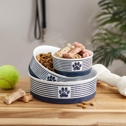 Paw & Patch Ceramic Pet Collection, Large Set, 7.5X2.4", Nautical Blue, 2 Piece