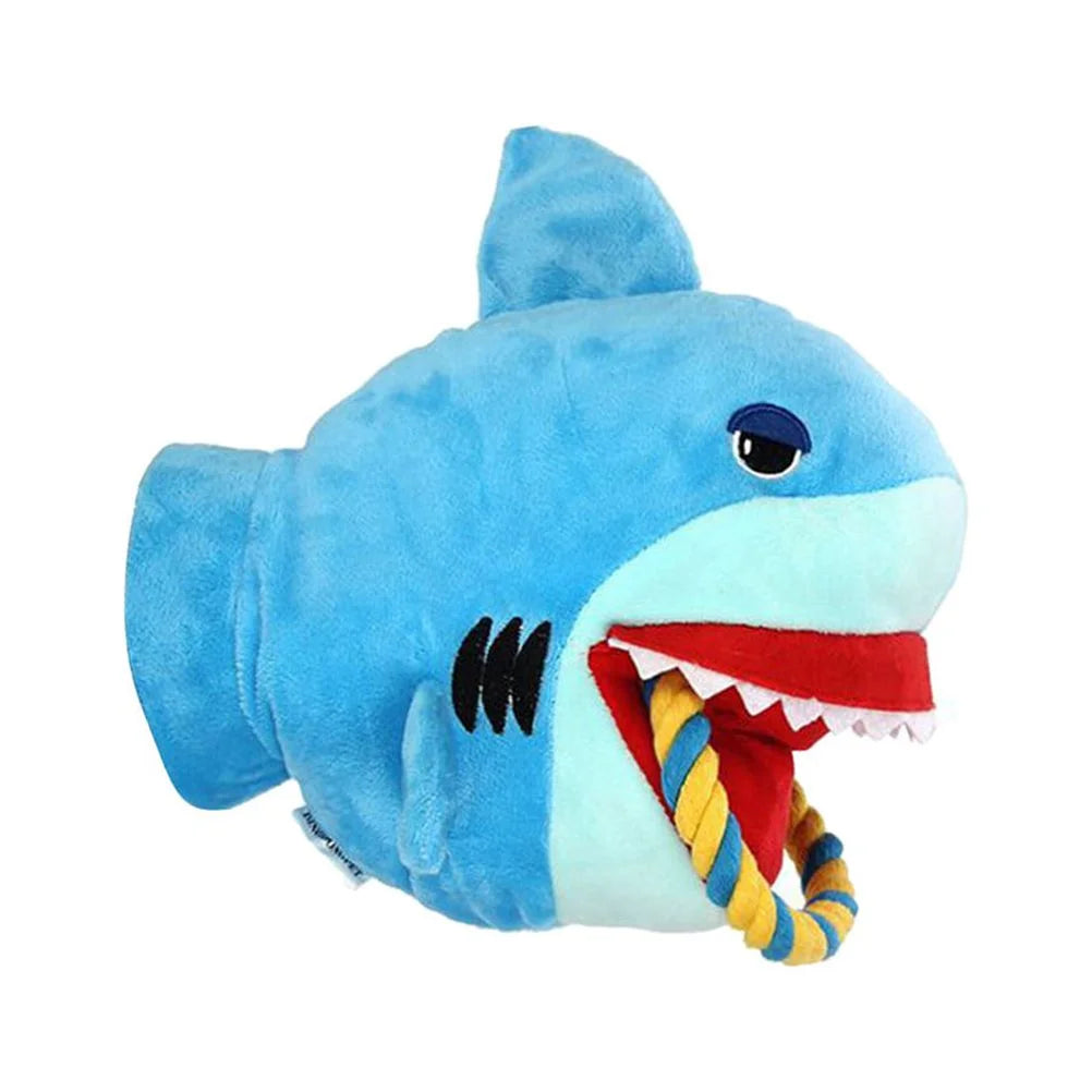 1PC Pet Chew Toy Cartoon Plush Glove Squeaky Sound Toy Dog Puppy Bite Rope Toy (Shark)