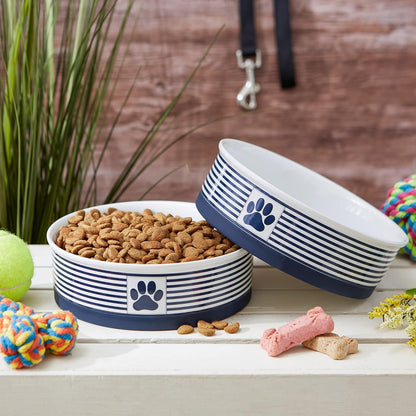 Paw & Patch Ceramic Pet Collection, Large Set, 7.5X2.4", Nautical Blue, 2 Piece