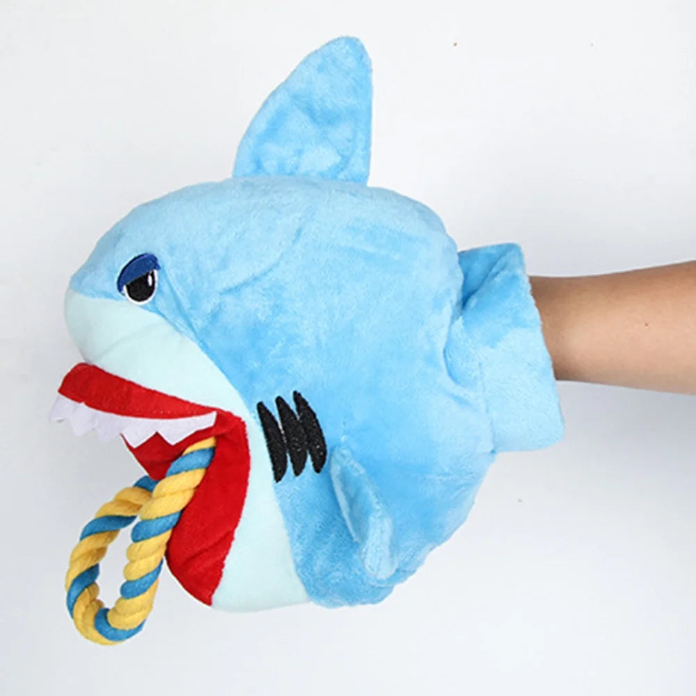 1PC Pet Chew Toy Cartoon Plush Glove Squeaky Sound Toy Dog Puppy Bite Rope Toy (Shark)